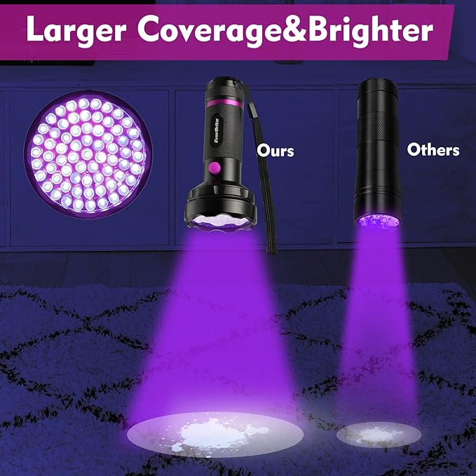 EverBrite UV Flashlight, 68 LED Blacklight Flashlights, 395nm Black Light Flashlight for Pet Urine Detection, Carpet, Scorpions and Bed Bug, Batteries Included