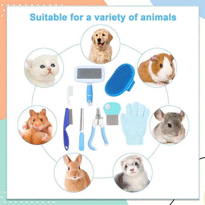 8 Pcs Small Animal Pink Grooming Kit, Rabbit Grooming Kit with Pet Nail Clipper and File, Flea Comb, Pet Shampoo Bath Brush , Pet Shedding Slicker Brush, Bath Massage Glove, Cleaning Comb (Blue)