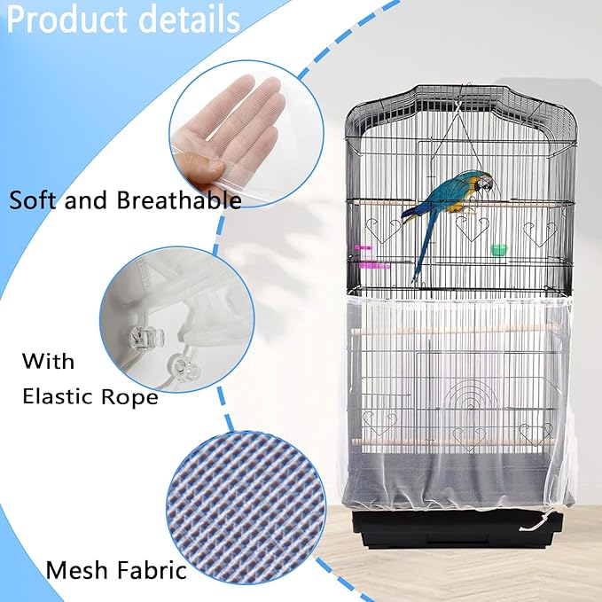 Birdcage Cover Net,Adjustable Bird Cage Seed Catcher,White Bird Net,Airy Gauze Bird Cage Cover,Bird Cage Skirt with Drawstring,Birdcage Accessories Mesh Net Cover,for Parrot Lovebirds Finches