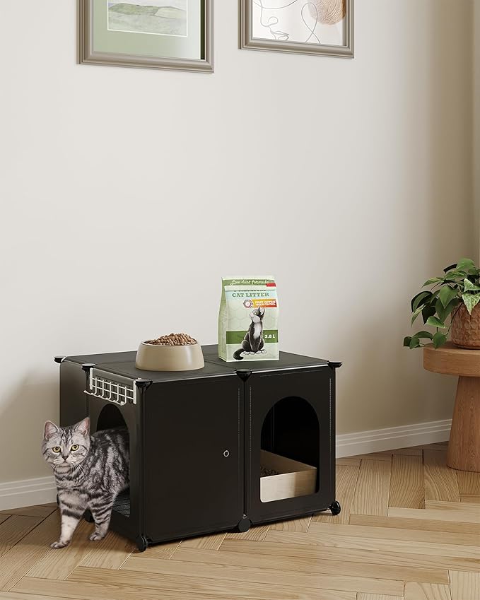 Cat Litter Box Enclosure with Hooks, Plastic Covered Little Box with Mat, Splash Proof Litter Box Furniture, 23.7 x 18.5 x 16.1 inches, End Table for Living Room, Black CB81899BK