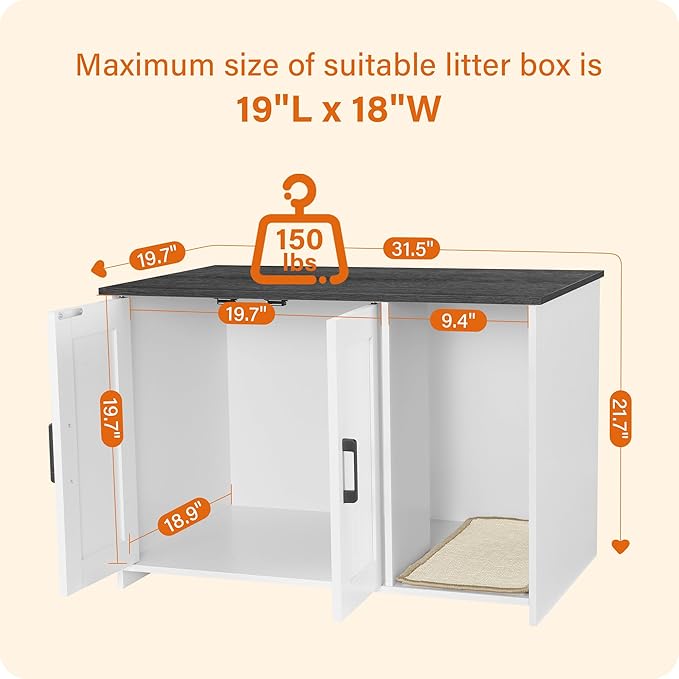 DWANTON Litter Box Enclosure, Cat Litter Box Furniture Hidden, with Scratching Mat, Wooden Cat Washroom Indoor, Fit Most of Litter Box, 31.5" L x 19.7" W x 21.7" H, White+Dark Gray