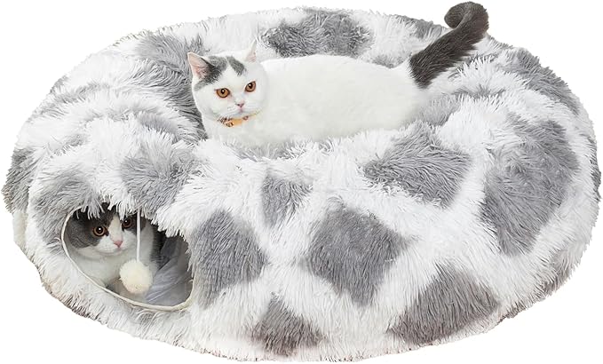 LUCKITTY Warm Fluffy Plush Cat Dog Tunnel Bed with Washable Cushion- Big Tube Playground Toys 3 FT Diameter Collapsible, for Indoor Cat Kitty Kitten Puppy Rabbit Ferret Gray-White Diamond Pattern