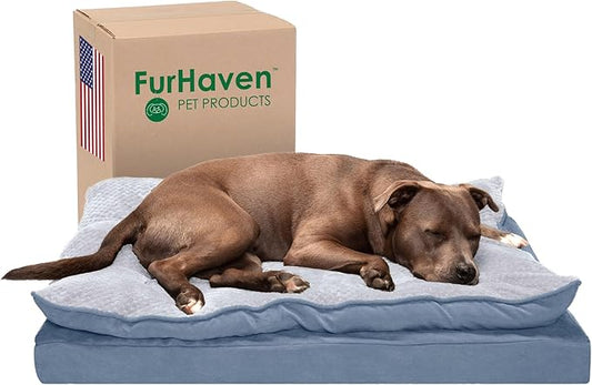 Furhaven Orthopedic Dog Bed for Large/Medium Dogs w/ Pillow Cushion Top & Removable Washable Cover, For Dogs Up to 55 lbs - Minky Plush & Suede Pillow Top Mattress - Stonewash Blue, Large