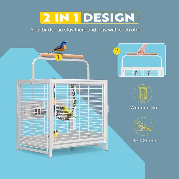 VIVOHOME 19 Inch Wrought Iron Bird Travel Carrier Cage for Parrots Conures Lovebird Cockatiel Parakeets White