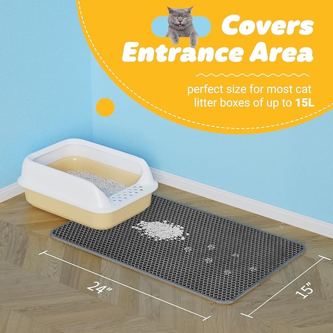 Cat Litter Mat Large - 24"x15" Litter Trapping Mat, Easy to Clean Litter Box Mat, Waterproof, Urine-Proof, Non-Slip Kitty Litter Mats for Floor, Grey