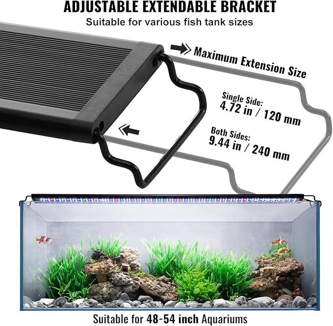 VEVOR Aquarium Light, 48W Full Spectrum Fish Tank Light with 24/7 Natural Mode, Adjustable Timer & 5-Level Brightness, with Aluminum Alloy Shell Extendable Brackets for 48"-54" Freshwater Planted Tank