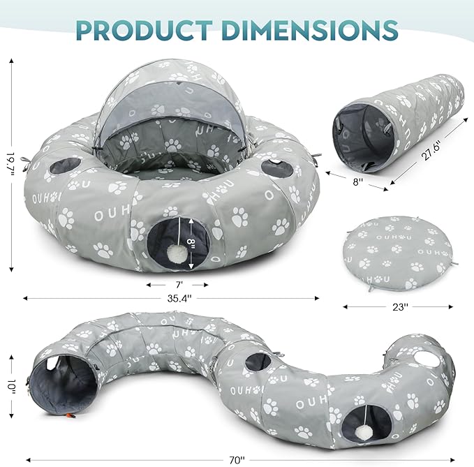 OUHOU Cat Tunnel Bed, Cat Tunnels for Indoor Cats, Peekaboo Cat Cave, Cat Donut Tunnel with Awning, Mat, 4 Balls and 6 Peek Holes, Cat Tubes for Kitten，Bunny, Puppy or Small Animals