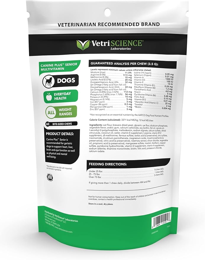 VETRISCIENCE Canine Plus MultiVitamin for Senior Dogs - Vet Recommended Vitamin Supplement - Supports Mood, Skin, Coat, Liver Function, 60 Chews (packaging may vary)