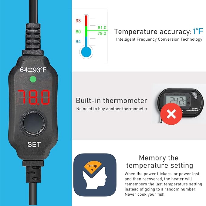 YukiHalu Small Submersible Aquarium Heater, Adjustable Mini Fish Tank Heater 25W 50W 100W 200W 300W with External Temperature Controller, LED Display, Used for 5/10/20/40/60 Gallons (100 Watts)