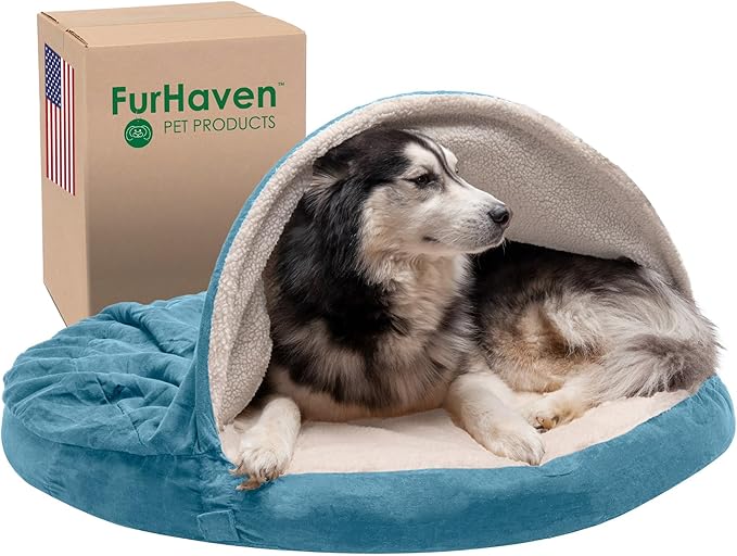 Furhaven 44" Round Memory Foam Dog Bed for Large Dogs w/ Removable Washable Cover, For Dogs Up to 80 lbs - Sherpa & Suede Snuggery - Blue, 44-inch