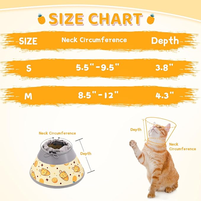 Cat Cone, Soft Cat Cone Collar to Stop Licking, Adjustable Cute Cat Cone Alternative, Water Resistant Neck Cone for Cats, Foldable Cat Recovery E Collar for Cat Kitten（Orange,L