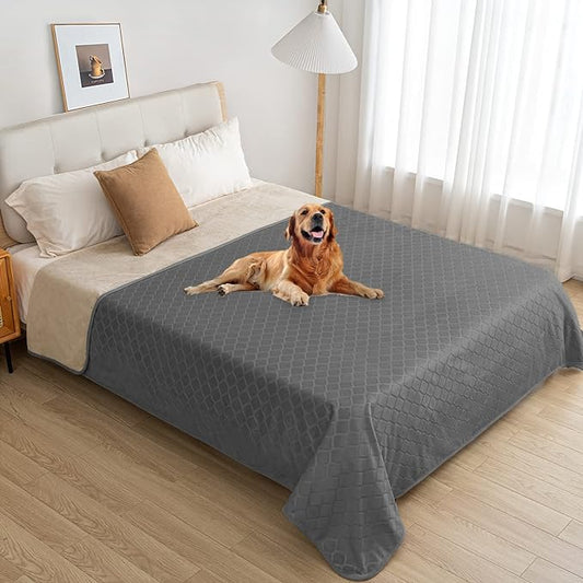 fuguitex Waterproof Dog Blanket Bed Cover Dog Crystal Velvet Moroccan Fuzzy Cozy Plush Pet Blanket Throw Blanket for Couch Sofa(82 * 102 inch, Dark grey+Beige)