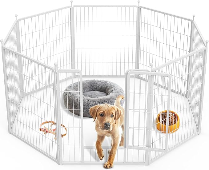 Simple Deluxe Dog Playpen, 32" Height 8 Panels Fence with Anti-Rust Coating, Metal Heavy Portable Foldable Dog Pen for Small/Medium Dogs RV Camping, White