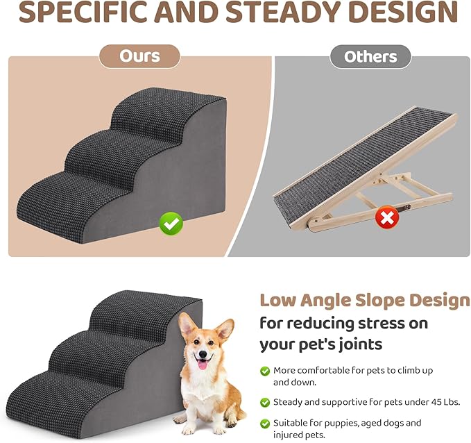 Dog Stairs for Small Dogs, 3-Step Dog Steps for Bed and Couch High Density Foam Pet Stairs for Small Dogs and Cats, Pet Steps Dog Ramp for Doggies, Aged Dog and Injured Pets