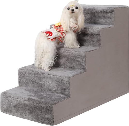 Dog Stairs for Small Dogs，22.5’’ 5-Step Pet Stairs for High Beds and Couches，Dog Steps with Non-Slip Bottom and High-Density Foam Indoor Outdoor, Grey