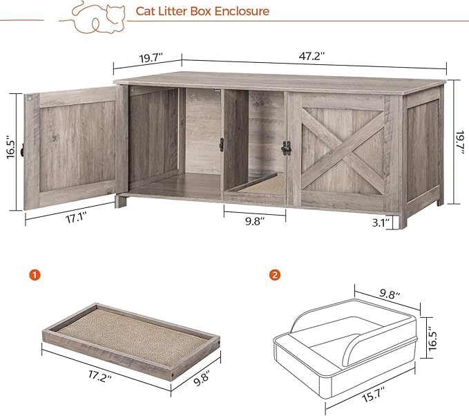 Cat Litter Box Enclosure for 2 Cats, 47.2" Hidden Cat Litter Box Furniture with Double Room, Wooden Cat Washroom Cabinet with Scratching Board, Indoor Cat House End Table, Greige CWHG1201