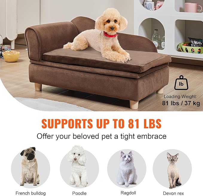 VEVOR Pet Sofa, Dog Couch for Medium-Sized Dogs and Cats, Soft Velvety Dog Sofa Bed, 81 lbs Loading Cat Sofa, Dark Brown