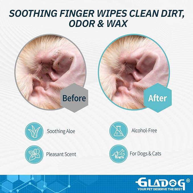 GLADOG Dog Ear Cleaner Finger Wipes 110 Counts, Ear Finger Wipes for Dogs Cats, Gently Removes Dirt & Odor, Dissolves Wax Build-Up, Easy to Use, Ear Cleaning Finger Wipes for Dogs, Natural Ingredients