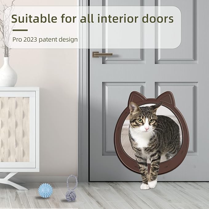 Large Cat Door, Cat Door Interior Door, No Flap Cat Door, Easy to Install, Strong Pet Door for Cat, No Training, Up to 22 LBS, Coffee