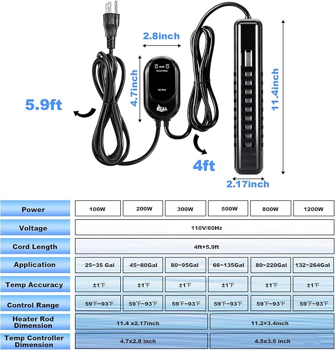 AQQA Submersible Aquarium Heater,100W/200W/300W/500W/800W/1000W/1200W Fish Tank Heater,External Temperature Controller LED Temperature Display,Suitable for Saltwater and Freshwater(200W)