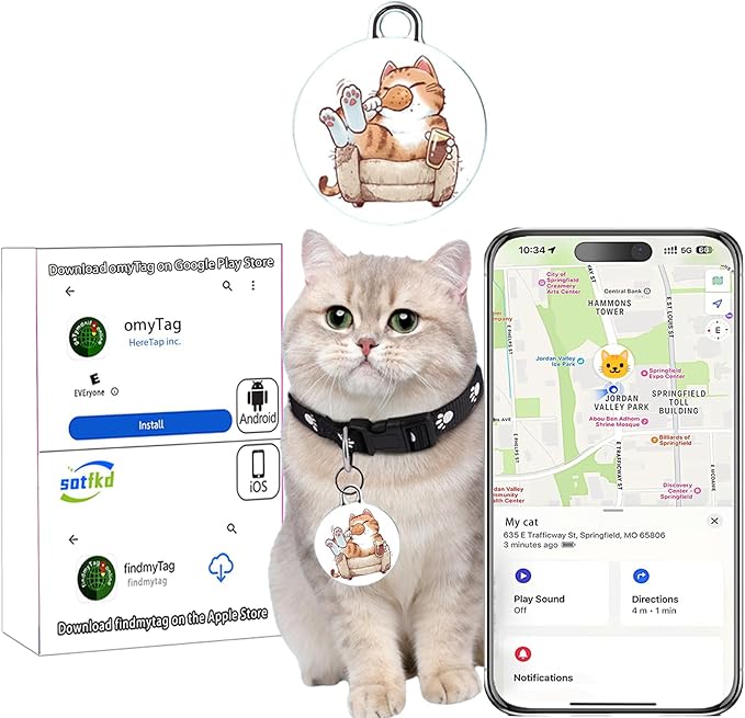 Cat Tracker-Cat Tracker Collar-Pet Trackers | Android and iOS Universal | No Monthly Fee | No Charging Required | Waterproof | Works with Any Collar