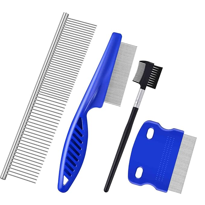 4 Pack Flea Lice Comb, 2-in-1 Stainless Steel Dog Cat Grooming Combs with Rounded Teeth, Double Sided Professional Pet Tear Stain Remover, Dematting Tool for Small, Medium & Large Pets