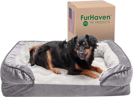 Furhaven Cooling Gel Dog Bed for Medium/Small Dogs w/ Removable Bolsters & Washable Cover, For Dogs Up to 35 lbs - Plush & Velvet Waves Perfect Comfort Sofa - Granite Gray, Medium