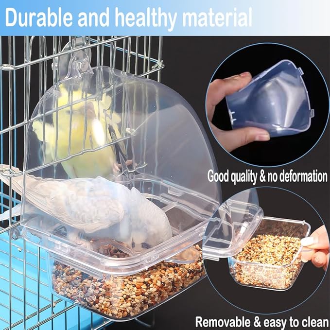 Bird Parrot Feeders, Cage Feeder Dispenser Food Container, Auto Bird Seed Bowl for Small Medium Birds, Cockatiel Canary Cockatoos Parakeet Conure Lovebird, Acrylic Clear