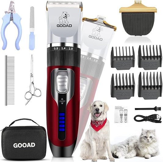 Dog Clippers Grooming Kit and Paw Trimmer,Cordless,Low Noise, Electric Quiet,Rechargeable, Dog Trimmer Grooming, Pet Hair Clippers for Thick Coats,Shaver for Small and Large Dogs Cats(Red)