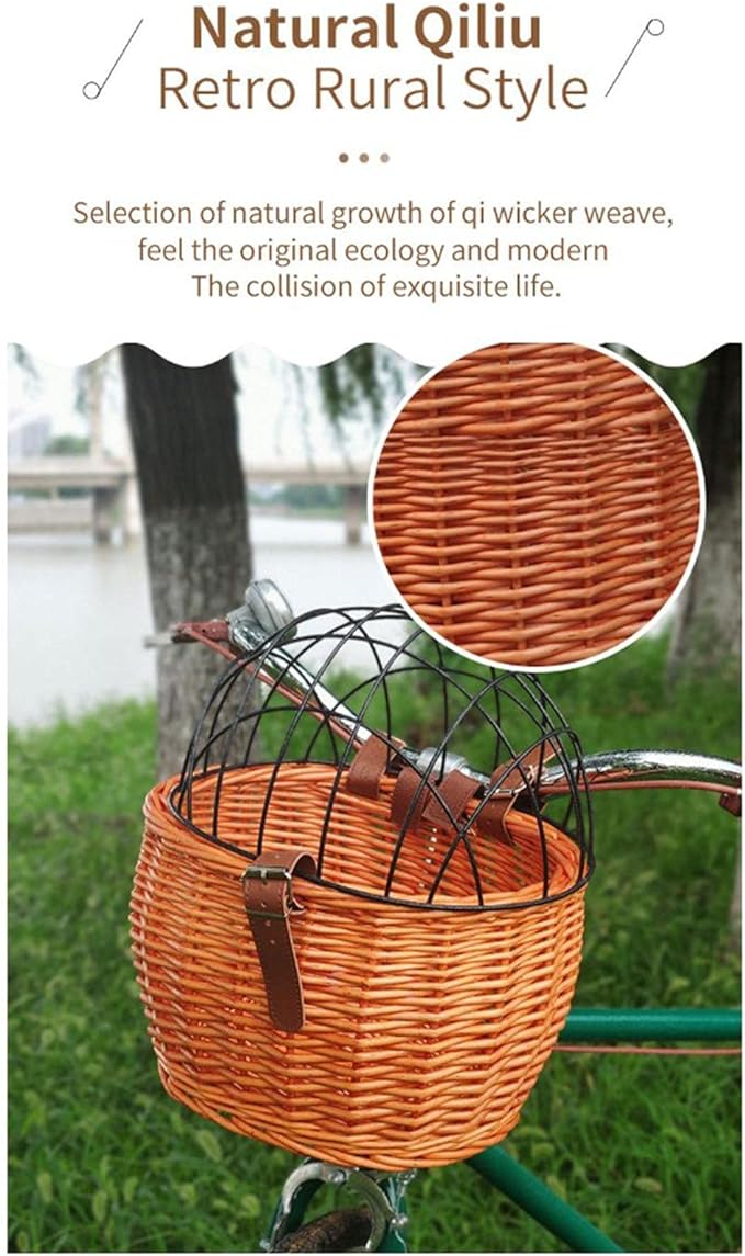 Bike Pet Carrier, Bike Basket for Small Dogs Cats Pet Carrier Front Basket with Wire Mesh Cover (Wood Color)