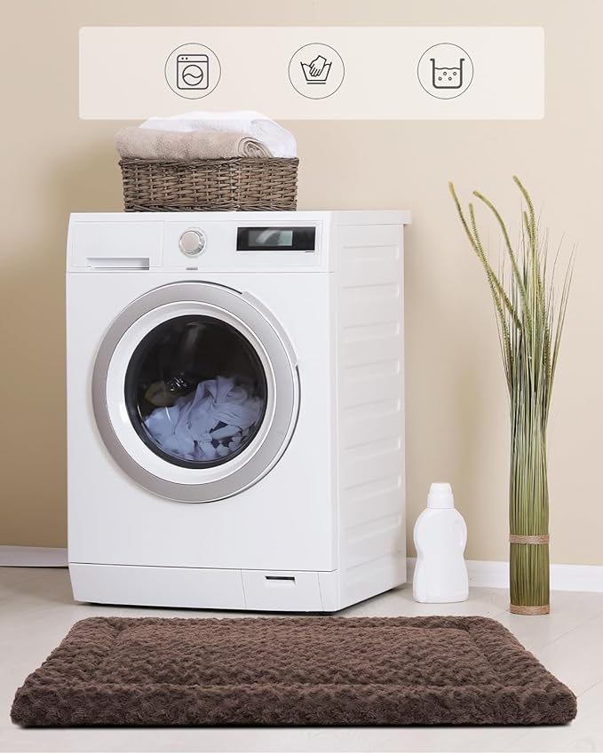 Washable Dog Bed Mat Reversible Dog Crate Pad Soft Fluffy Pet Kennel Beds Dog Sleeping Mattress for Large Jumbo Medium Small Dogs, 29 x 18 Inch, Brown