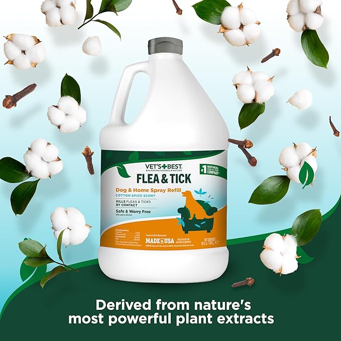 Vet’s Best Flea & Tick Home Spray Refill for Dogs – Cotton Spice Scent Dog Flea & Tick Aid – Made in The USA – Flea & Tick Home Spray – Flea Protection for Dogs – 96 oz