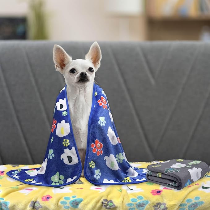 Dog Blankets for Medium Dogs,1 Pack 3 Premium Soft Dog Puppy Blankets, 31x24 inch, with Flannel Cute Elephant Dog Paw, 2024 Small Cat Kitten Blankets Grey/Blue/Yellow.