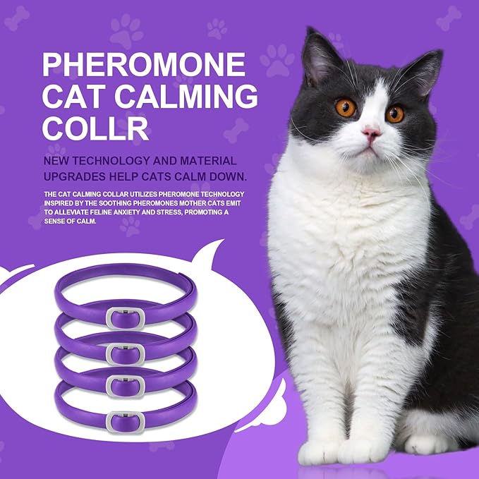 Calming Collar for Cats, 4 Pack Cat Calming Collar, Effective Relief Ancxiety Stress Cat Pheromone Collar, Water-Resistant & Adjustable Cat Calming Collar Fits Cats, Purple