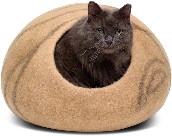 MEOWFIA Premium Felt Cat Bed Cave - Handmade 100% Merino Wool Bed for Cats and Kittens (Light Shades) (Medium, Beige)