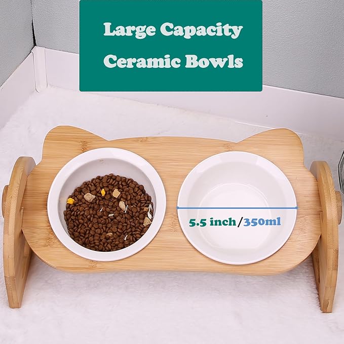 Raised Cat Food Bowls, 2 Elevated Ceramic Bowls 15° Tilted Orthopedic Feeding Dishes Solid Bamboo Pet Bowls Feeder Set for Cats and Puppy Feeding Station Kitty Bowl Set for Food and Water