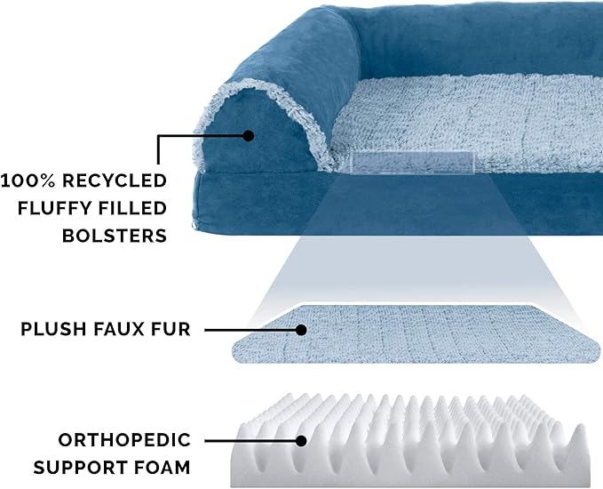 Furhaven Orthopedic Dog Bed for Large Dogs w/ Removable Bolsters & Washable Cover, For Dogs Up to 95 lbs - Two-Tone Plush Faux Fur & Suede L Shaped Chaise - Marine Blue, Jumbo/XL