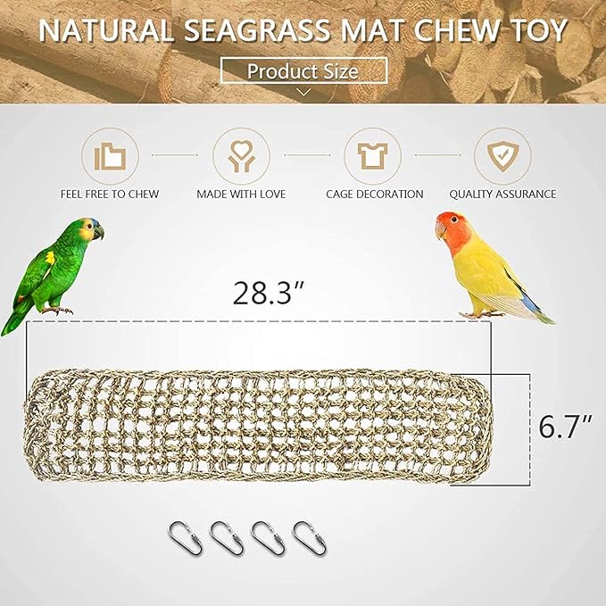 Bird Seagrass Mat,Natural Seagrass Woven Net Bird Foraging Chew Wall Toys Parakeet Hammock Mat with Hooks for Lovebird Cockatiel Conure Budgie,Size 28.3" X 6.7" and 11.81" X 11.81"(2 Pcs)