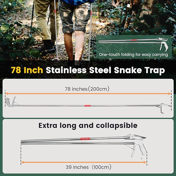 78 Inch Folding Snake Grabber Tool, Extra Long Snake Tongs for Extra Safety, Snake Grabber is Made of Stainless Steel for Corrosion Resistance, High Load Capacity, Easy to Clean and Maintain