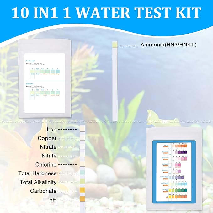 Aquarium Test Strips for Freshwater: 10 in 1 Aquarium Ammonia Test Strips for Fish Tank Ammonia Test Kit for Aquarium Pond - Testing Ammonia Nitrate Nitrite pH,etc