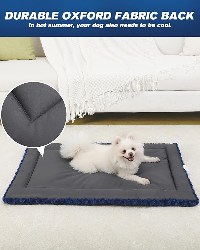 Washable Dog Bed Mat Reversible Dog Crate Pad Soft Fluffy Pet Kennel Beds Dog Sleeping Mattress for Large Jumbo Medium Small Dogs, 41 x 27 Inch, Blue