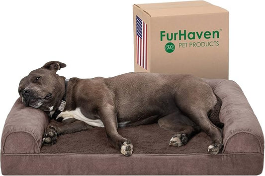 Furhaven Orthopedic Dog Bed for Large/Medium Dogs w/ Removable Bolsters & Washable Cover, For Dogs Up to 55 lbs - Faux Fur & Velvet Sofa - Driftwood Brown, Large