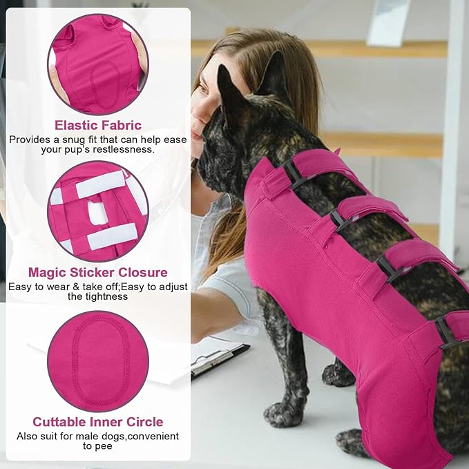 IECOii Dog Onesie for Surgery,Dog Surgery Suit Female Spay Recovery Suit for Medium Size Dog,Dog Recovery Suit Male Pet Abdominal Anti Licking Shirt,Dog Bodysuit Alternative to Cone E-Collar,M-Rosered