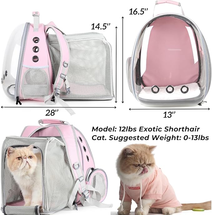 LOLLIMEOW Pet Carrier Backpack, Bubble Backpack Carrier, Cats and Puppies,Airline-Approved, Designed for Travel, Hiking, Walking & Outdoor Use (Square Expandable-Pink)