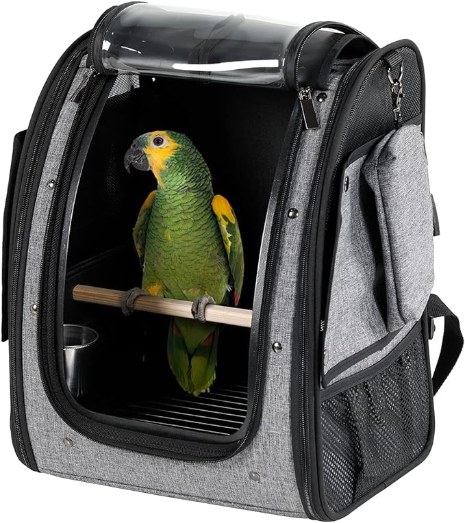 Petsfit Bird Carrier Medium Size with Stainless Steel Bowl, Parrot Backpack includes Slide Tray for Easy Cleaning, 13" x 10" x 16"