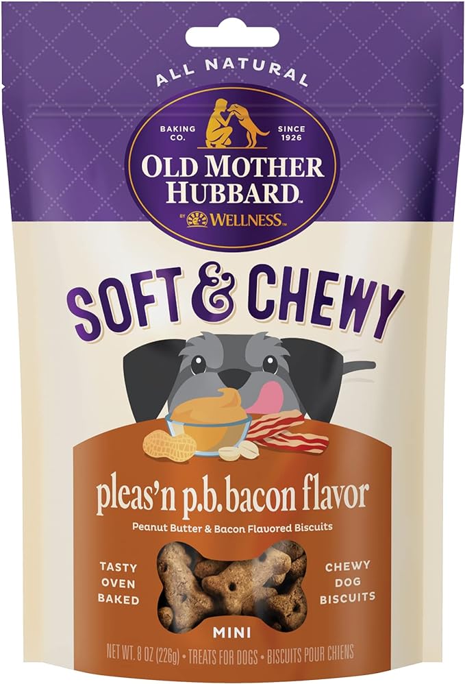 Old Mother Hubbard by Wellness Soft & Chewy Please'n P.B.Bacon Natural Dog Treats, Crunchy Oven-Baked Biscuits, Ideal for Training, Mini Size, 8 ounce bag