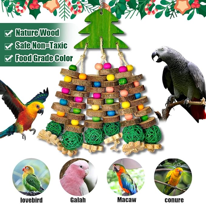 Large Parrot Chew Toys, Multicolored Wooden Blocks with Christmas Tree Bird Chewing Toys Parrot Cage Bite Toy for Macaws Cokatoos African Grey and Large Medium Parrot Birds