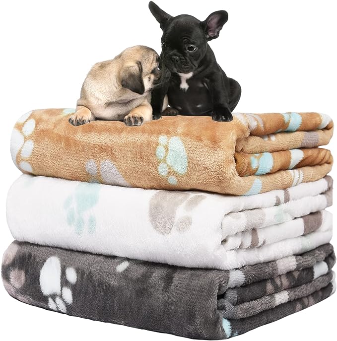 1 Pack 3 Blankets for Dogs Super Soft Fluffy Premium Fleece Pet Blanket Dogs Blankets for Dogs Flannel Throw for Dog Puppy Cat Paw Blanket，Grey/Brown/White，23x16inch