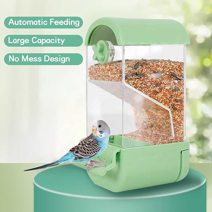 No Mess Bird Cage Feeder Automatic Parakeets Seed Food Container Acrylic Parrot Feeder Cage Accessories Transparent Small and Medium Lovebirds Canary Cockatiel Finch (Green)