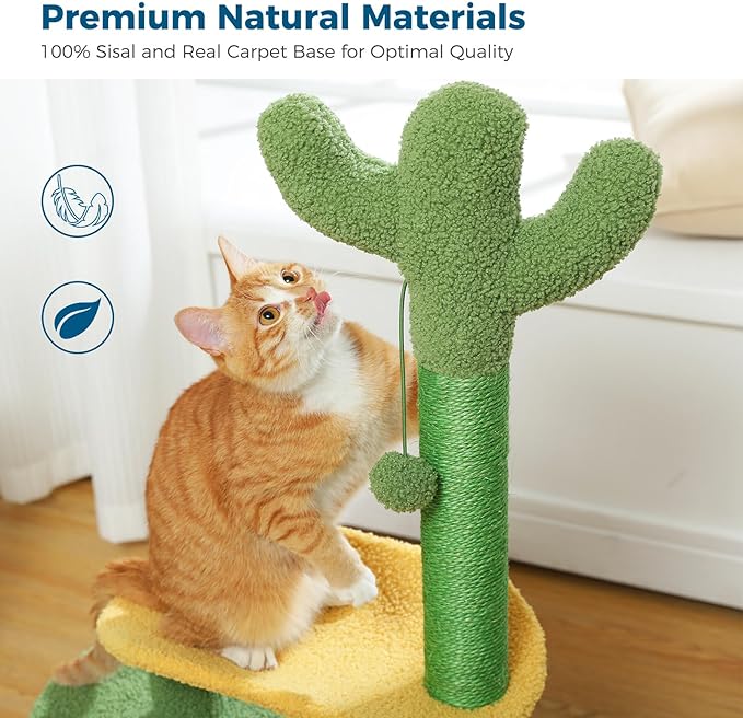 Made4Pets Cat Tree, Cactus Cat tower Cat Tree Tower 36.5 Inches with Sisal Scratching Posts for Indoor Cats, Cozy Cat Condo House, Plush Perch and Fluffy Ball for Small Cats Kittens